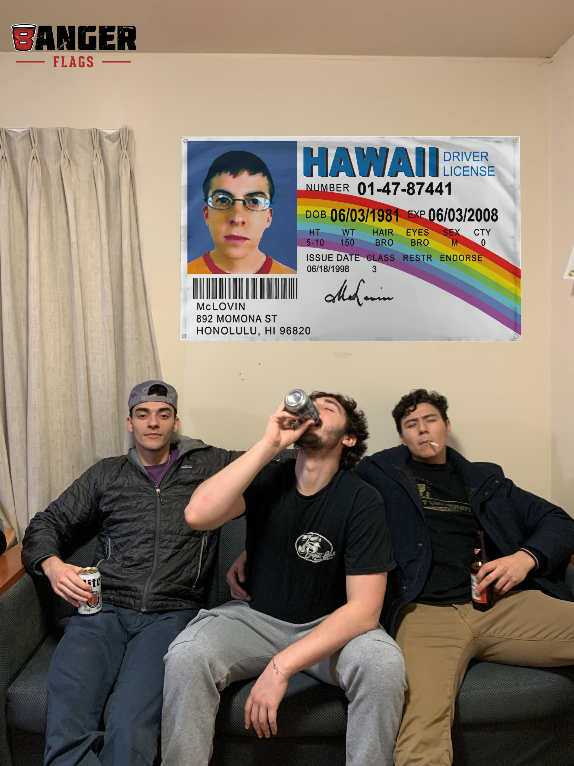 McLovin Fake ID 3x5 Ft Flag Banner – Superbad Movie, College Dorm Frat Decor, ENMOON